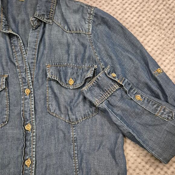Anthropologie Cloth & Stone Tencel Denim Button Down Shirt Small V-Neck Western - Picture 10 of 10